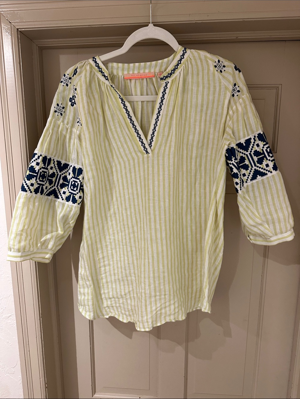 Vilagallo Yellow Striped Tunic with Navy Embroidery